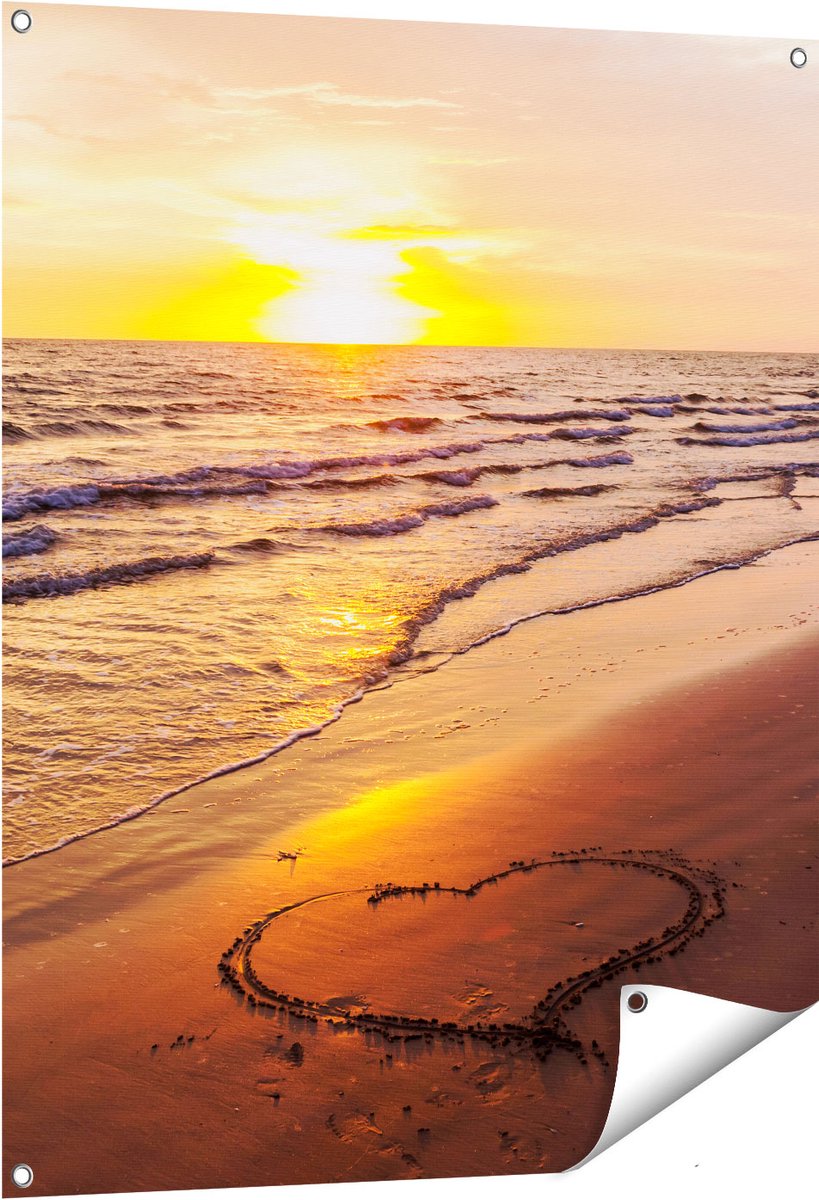 Gards Tuinposter Zonsondergang op het Strand met een Hartje - 80x100 cm - Tuindoek - Tuindecoratie - Wanddecoratie buiten - Tuinschilderij Multikleur