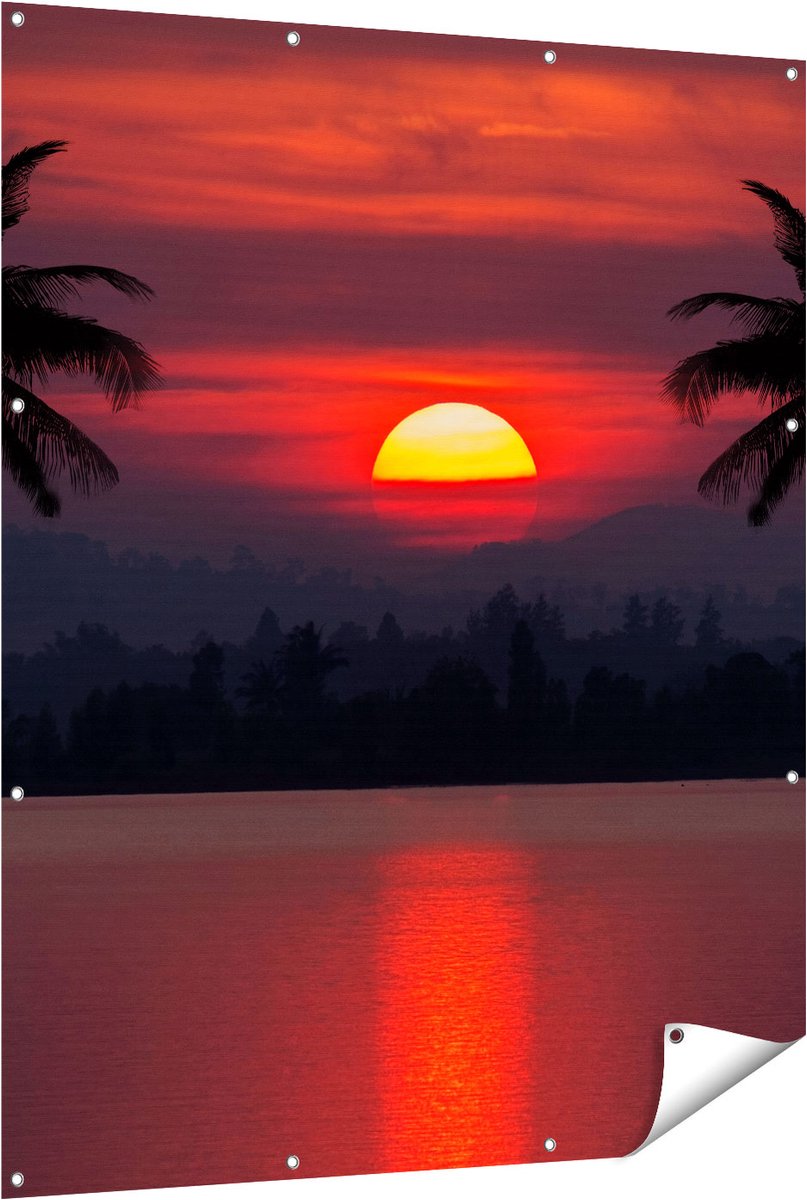 Gards Tuinposter Zonsondergang op het Strand met Palmbomen - 120x150 cm - Tuindoek - Tuindecoratie - Wanddecoratie buiten - Tuinschilderij Multikleur