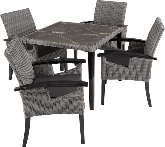 tectake - Table en osier Tarent avec 4 chaises Rosarno - gris