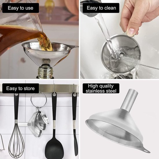 3 Pièces Entonnoir Acier Inoxydable (Ø: 7,5 cm/5,5 cm/4,5 cm), Entonnoirs de Cuisine avec 2 Brosses de Nettoyage, Entonnoir de Remplissage en Métal