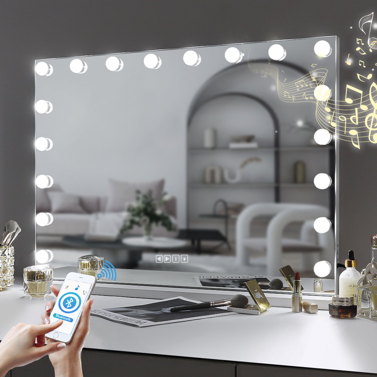 FENCHILIN Miroir Maquillage avec 15 Ampoules LED Haut-Parleur Bluetooth  Miroir Coiffeuse Lumineux avec Port USB Grand Miroir Maquilleur Lumineux  avec 3 Modes Déclairage Miroir Hollywood Coiffeuse : : Cuisine et  Maison