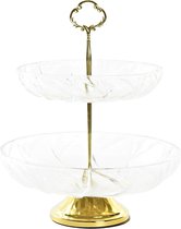 Items Design fruitschaal/serveer plateau - goud/transparant - 2 laags etagiere - metaal/glas - 25 x 29 cm