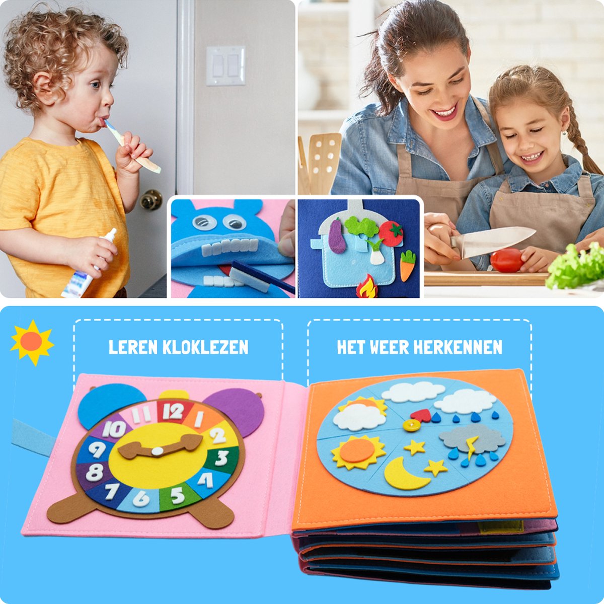 WoodyDoody Motoriek Leerboek xxl Grote uitvoering en extra Dikke Versie 16 Pagina's - Educatief Spel - Sensorisch Speelgoed - Activiteiten Motoriek Map - Ik Leer Kloklezen - Motoriek Speelgoed - Gespen Vast - Montessori Speelgoed - Busy Board — afbeelding 8