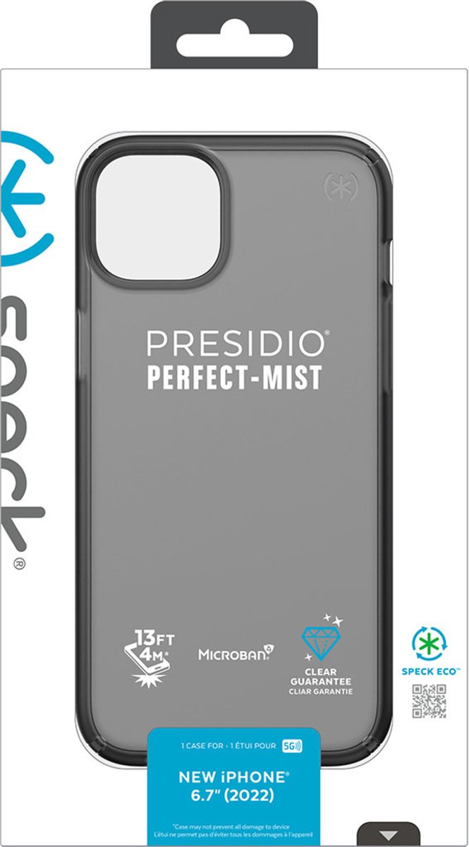 Speck Presidio Perfect Clear geschikt voor Mist geschikt voor Apple iPhone 14 Plus/15 Plus Obsidian - Zwart - with Microban