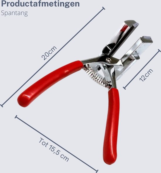 Afmetingen spantang: 20cm lang, 12cm breed, greep tot 15,5cm.