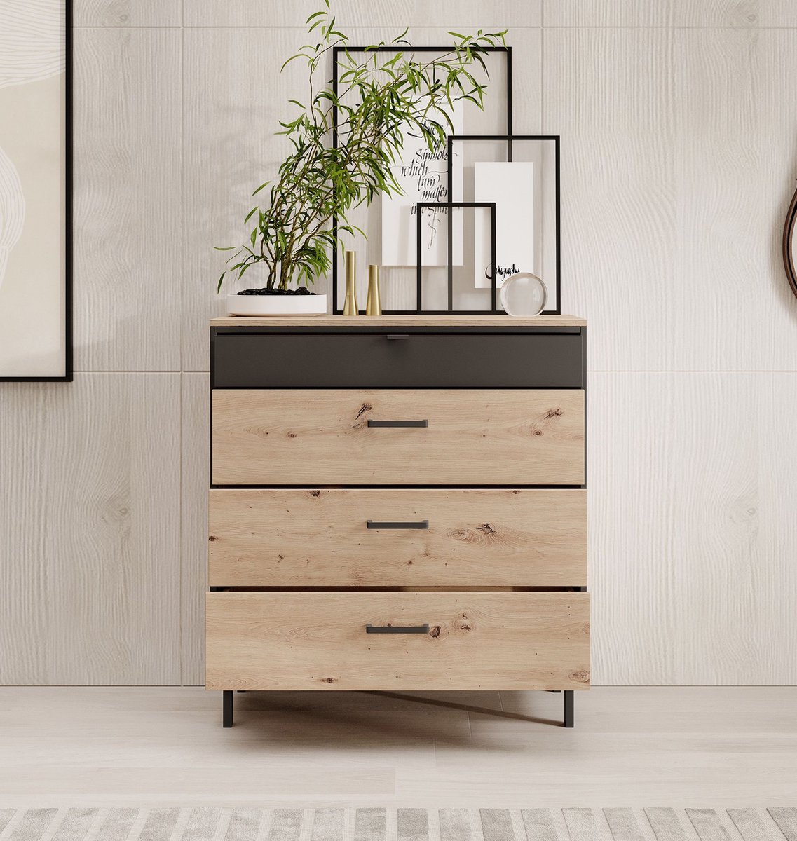 Meubella - Commode Newby - Eiken - Antraciet - 90 cm | bol.com