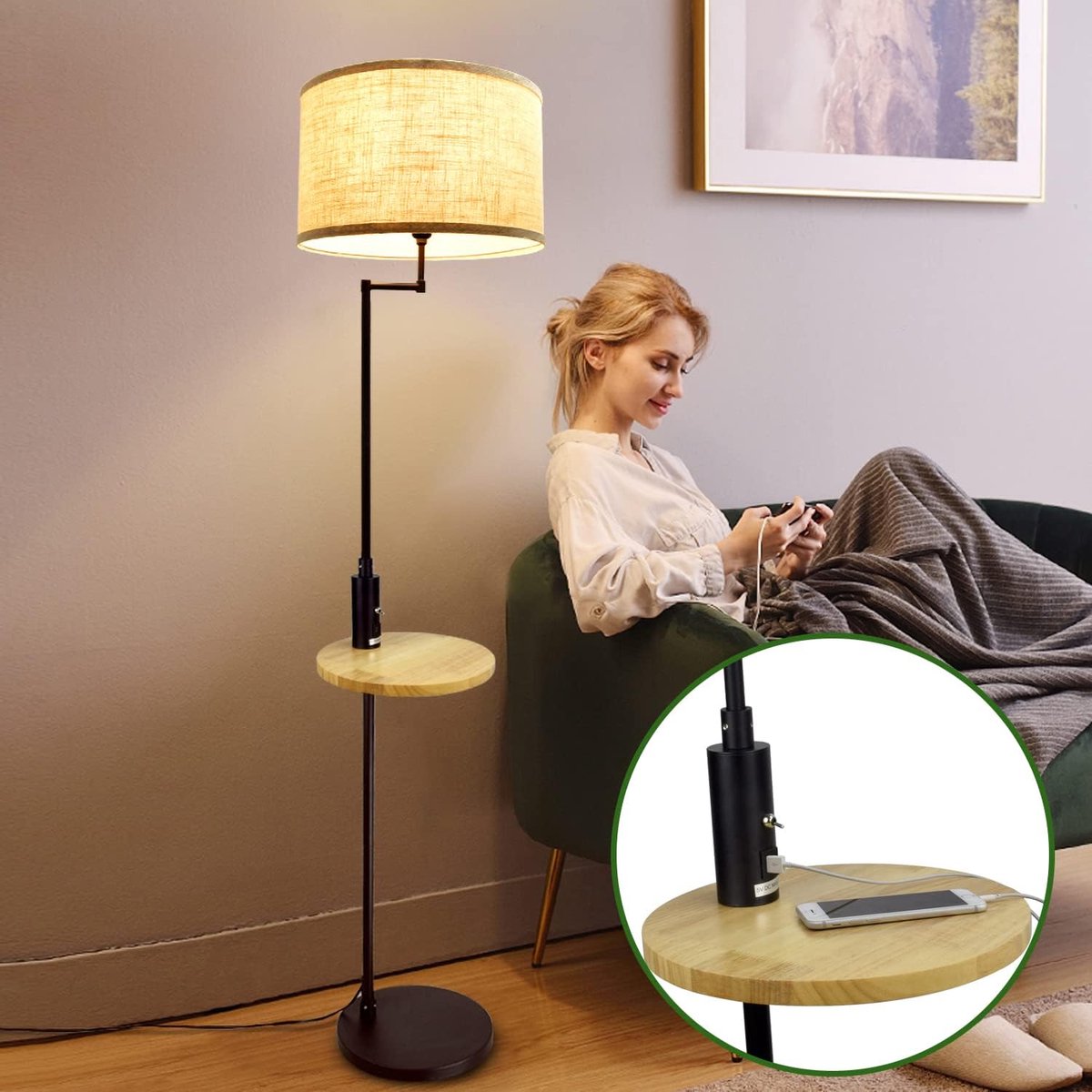 Depuley Lampadaire LED Trepied en Bois pour Salon, Lampe sur Pied