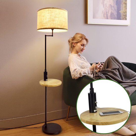 Depuley Lampadaire LED avec connexion USB et table en bois, lampadaire  moderne noir... | bol