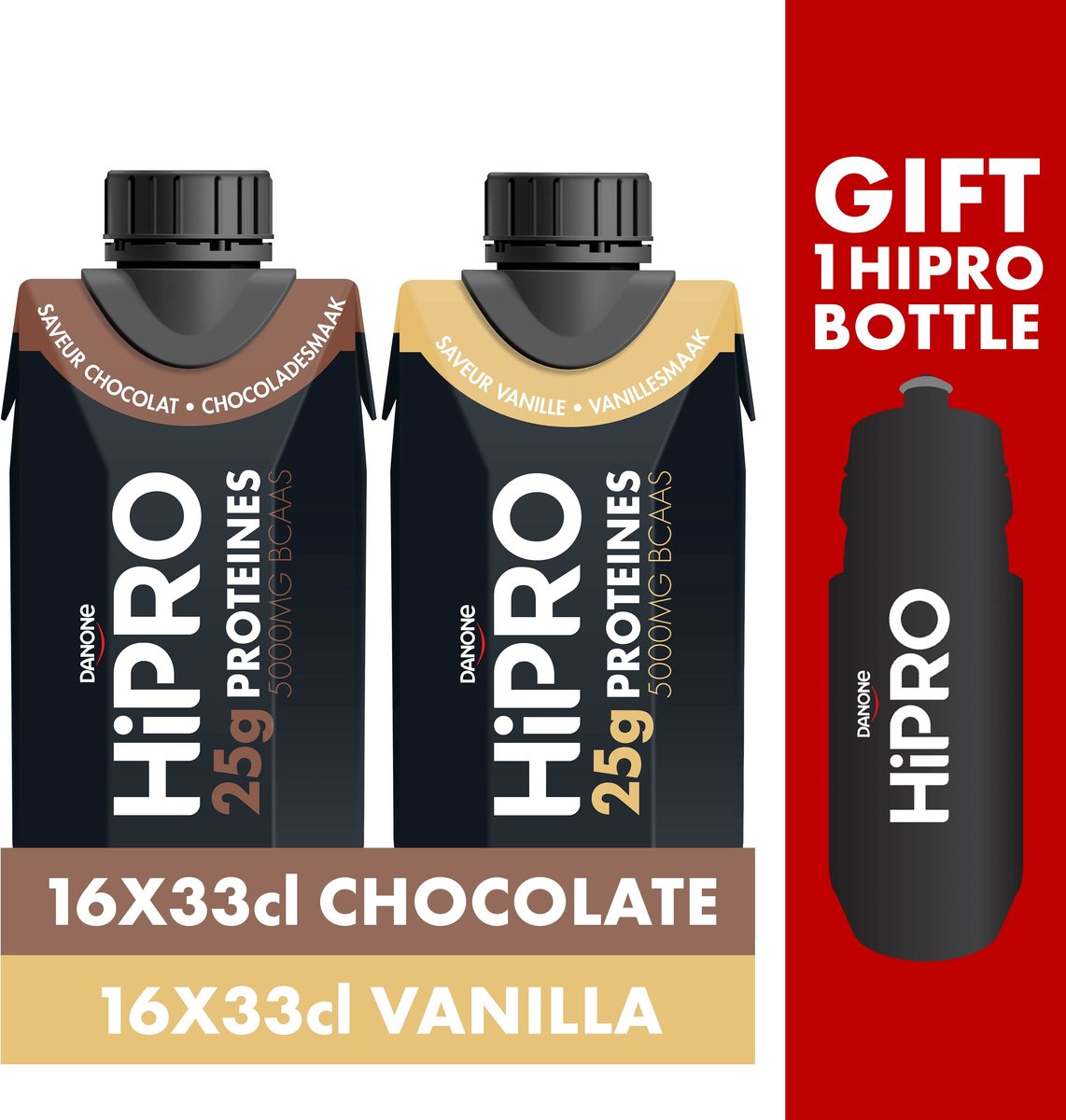 Danone - HiPRO Proteïne drank - Eiwitshake - Lactosevrij - 0% Vet - 16 x 33 cl Chocolade + 16 x 33 cl Vanille + Drinkfles Gratis - Voordeelverpakking