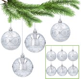 Zilveren kerstboomballen met glitters, set kunststof kerstballen, kerstboomversiering 7cm, 6 stuks