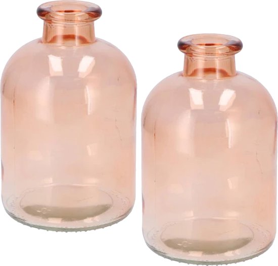 DK Design Bloemenvaas fles model - 2x - helder gekleurd glas - perzik roze - D11 x H17 cm
