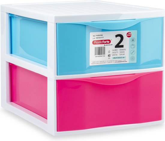 Wit ladeblok met lichtblauwe en fuchsia lades. Plasticforte merk.