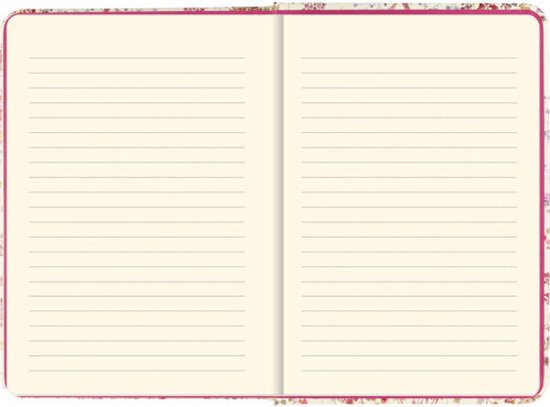 Open, crème kleurig notitieboek met blanco, gelinieerde pagina's en een bloemenprint aan de randen.