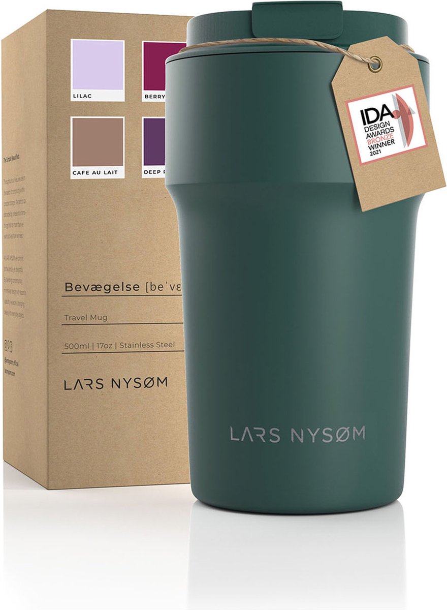 LARS NYSØM - 'Bevægelse' Thermos Coffee Mug-to-go 500ml - BPA-vrij met Isolatie - Lekvrije Roestvrijstalen Thermosbeker - Bayberry