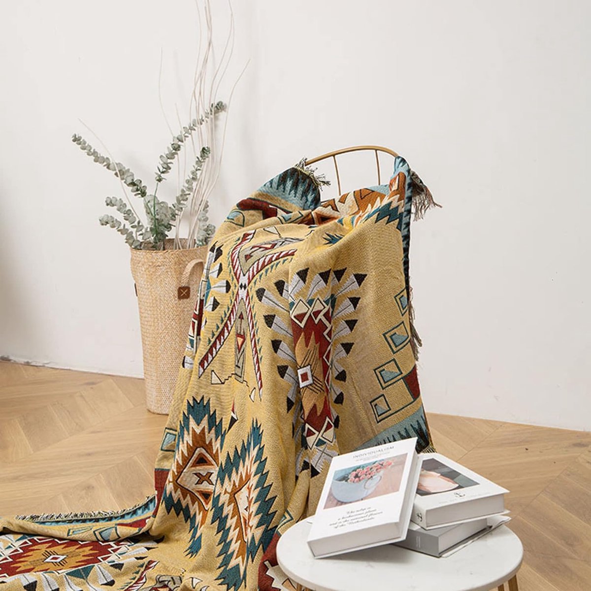 Couverture Boho Pompons Réversible Forêt Verte 180x230 Cm – Style Aztèque Ethnique, Canapé, Lit, Voyage