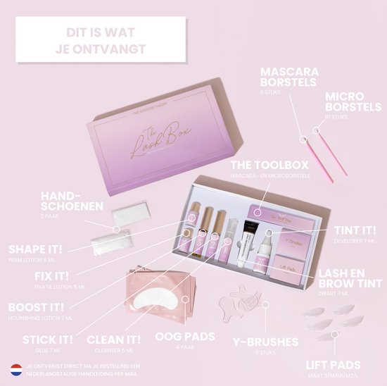 Inhoud van The Lash Box kit: paarse box, tubes, borstels, oogpads, Y-borstels, liftpads en wimperverf.