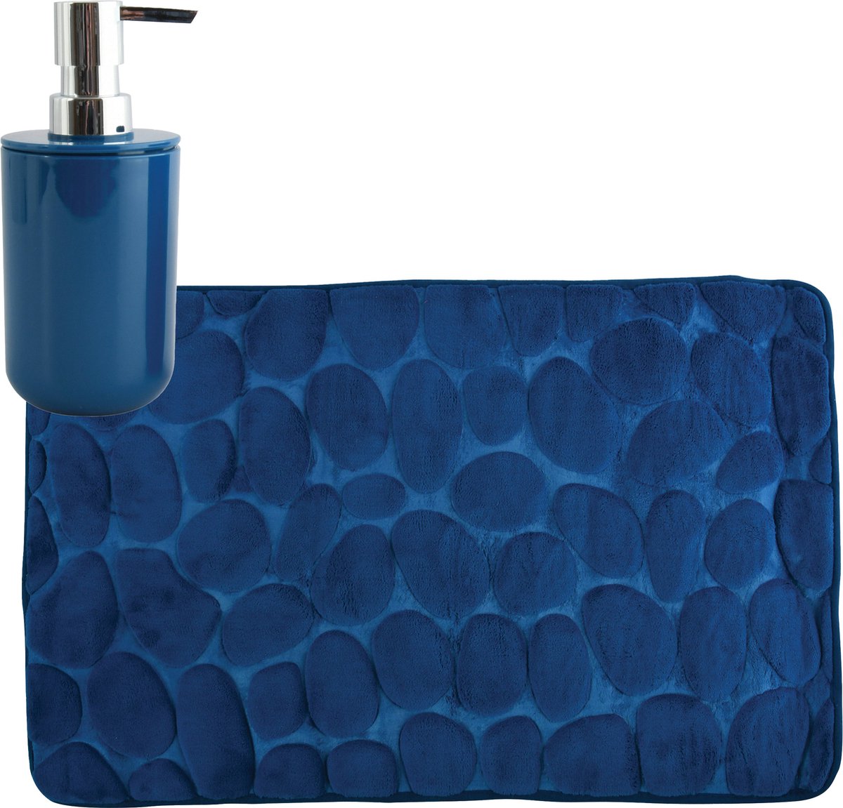 MSV badkamer droogloop mat tapijt Kiezel motief 50 x 80 cm zelfde kleur zeeppompje 260 ml donkerblauw