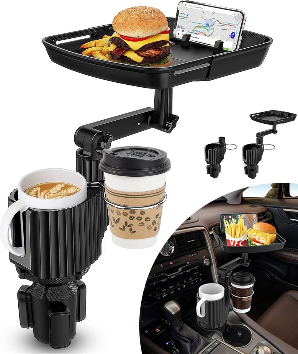 Auto bekerhouder - 360° draaibare bekerhouder lade, verstelbare auto lade tafel met telefoonhouder, roadtrip Essentiall accessoires gadgets, afneembare tafel tafel lade met solide basis voor