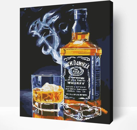 Foto: Schilderen op nummer volwassenen diy hybrid paint by number diamond painting compleet hobby pakket op frame met vernis arty bee jack daniels 40x50cm