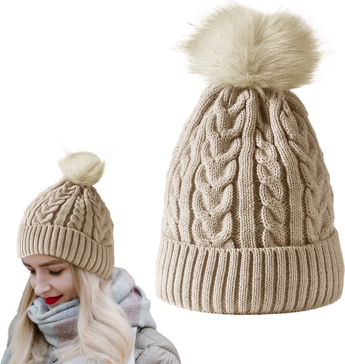 CALIYO Beanie Muts - Wintermuts Dames - Warme Mutsen met Imitatiebont Pompon - Gebreide Skimutsen - Gevoerd Wol - Beige — cadeau in Mode & Accessoires - foto 6
