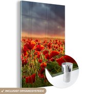 MuchoWow® Glasschilderij 20x30 cm - Schilderij acrylglas - Zonsondergang - Klaprozen - Rood - Bloemen - Veld - Natuur - Foto op glas - Schilderijen