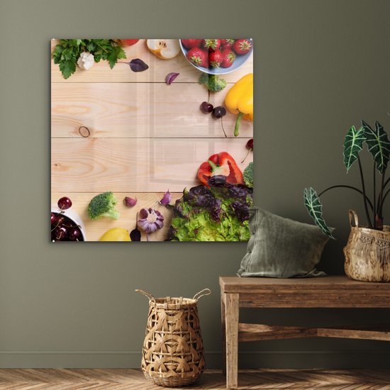 MuchoWow® Glasschilderij 90x90 cm - Schilderij acrylglas - Fruit - Aardbeien - Paprika - Keuken - Foto op glas - Schilderijen