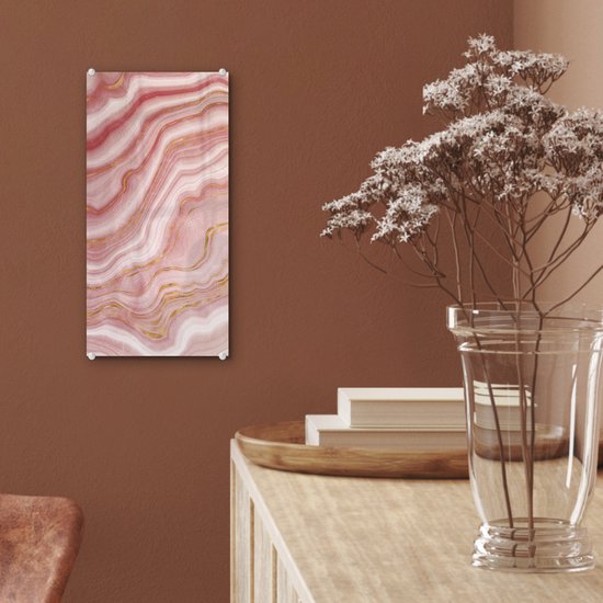 ® Glasschilderij 20x40 cm - Schilderij acrylglas - Marmer - Rood - Wit - Foto op glas - Muurdecoratie woonkamer - Wanddecoratie slaapkamer - Schilderijen