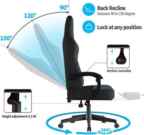 Dowinx Gamingstoel, ergonomische gamerstoel van PU-leer met lendensteun, massagefunctie en brede rugleuning, belastbaar tot 150 kg, blauw