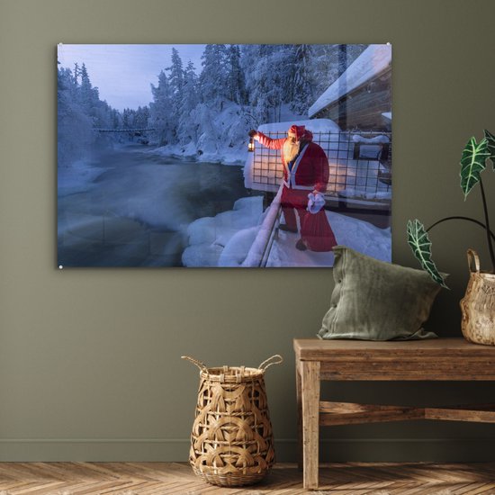 MuchoWow® Peinture sur verre 90x60 cm - Peinture sur verre acrylique - Père Noël avec lanterne dans des rapides froids dans le parc national finlandais d'Oulanka - Photo sur verre - Peintures