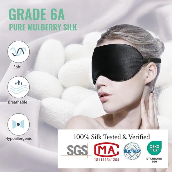 Masque De Nuit En Soie 100% Naturelle - 22 Momme - Noir - Confortable Et Hypoallergénique