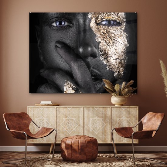 MuchoWow® Peinture sur verre 160x120 cm - Peinture sur verre acrylique - Femme - Or - Zwart - Maquillage - Luxe - Photo sur verre - Peintures