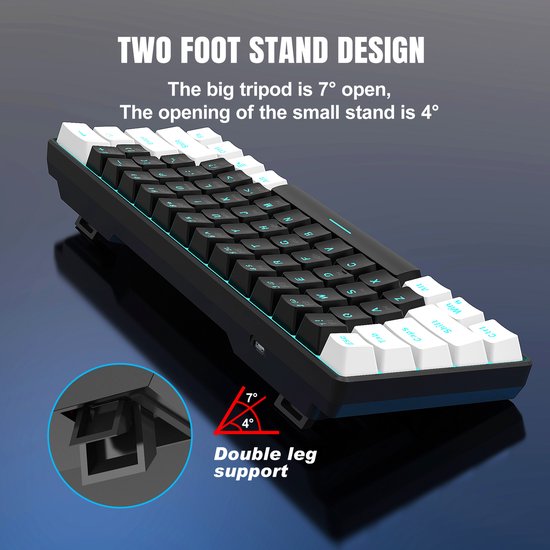 Dynamische weergave van een compact toetsenbord, met focus op de dubbele pootsteunen en ergonomische toetsen.