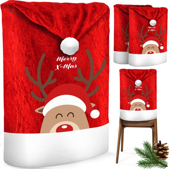 KESSER® Set de housses de chaise de Noël de Premium - Housses de siège de chaise pour Noël - Bonnet de Père Noël - Décoration de Noël pour housse de chaise - Housse de chaise au design de Noël - Renne / 6 Set