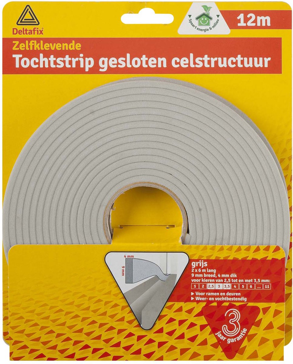 Deltafix Tochtstrip - tochtwering - grijs - zelfklevend - universeel - 12 m x 9 mm x 4 mm