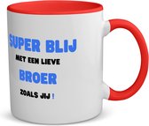 Akyol - super blij met een lieve broer zoals jij koffiemok - theemok - rood - Broer - de liefste broer - verjaardag - cadeautje voor broer - broer artikelen - kado - geschenk - 350 ML inhoud