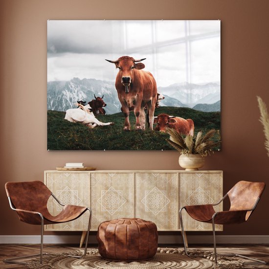 MuchoWow® Peinture sur verre 160x120 cm - Peinture sur verre acrylique - Animaux - Vache - Berg - Photo sur verre - Peintures
