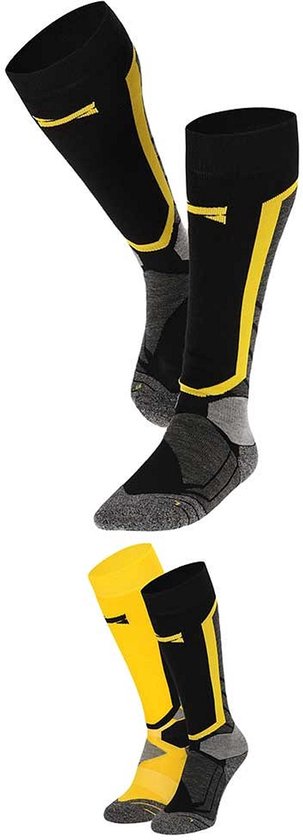Chaussettes de snowboard noires et jaunes avec des accents gris et une zone renforcée au talon, mollet et tibia.