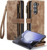 Geschikt Voor Samsung Galaxy Z Fold 5 Hoesje - Z Fold 5 Hoesje - Z Fold 5 Case - Backcover - Pu Leer - Met Polskoordje - Draadloos Opladen - Z Fold5 - Bruin