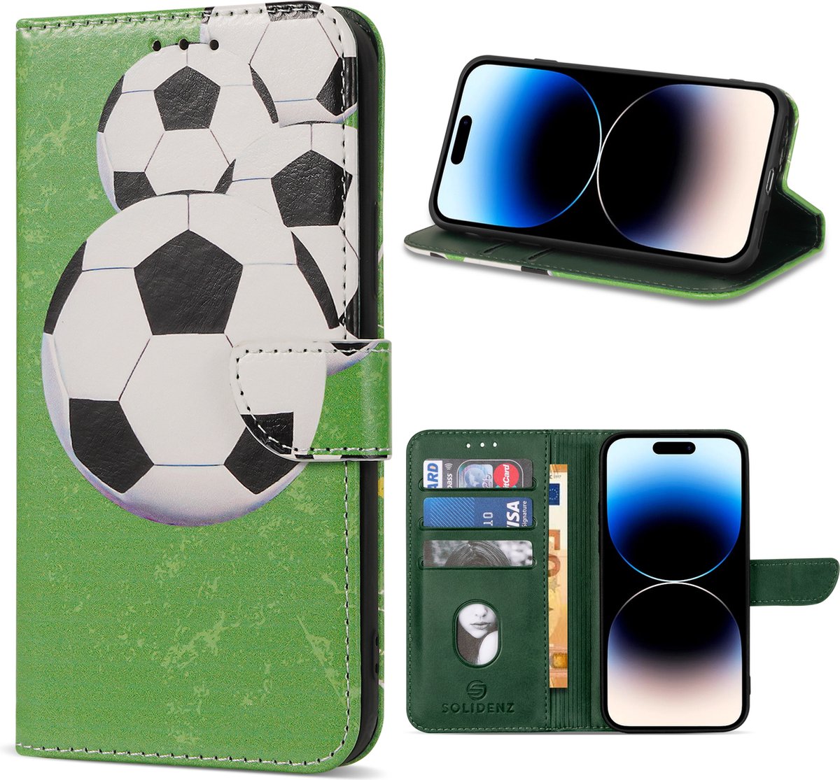 Geschikt Voor iPhone 15 Hoesje - Solidenz Bookcase - Telefoonhoesje - Case Met Pasjeshouder - Cover Hoes - Met Kickstand - Draadloos Opladen - Voetbal