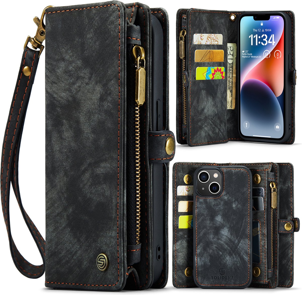 Geschikt Voor iPhone 13 Hoesje - Solidenz Wallet Case - Telefoonhoesje - Case Met Pasjeshouder - Met Ritsvak - Met Polskoord - Portemonee Hoes - Zwart