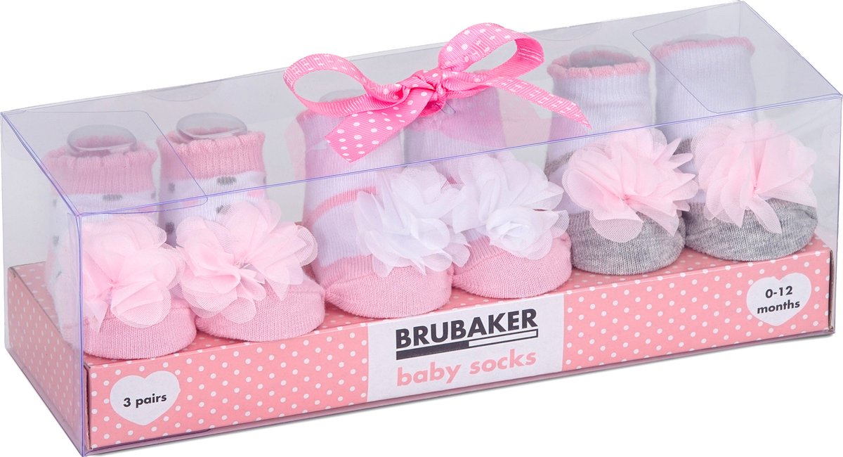 Goedkoopste BRUBAKER 3 paar babysokken jongens meisjes 0-12 maanden - ruches stippen bloemen strepen - pasgeboren cadeauset voor baby's - katoen