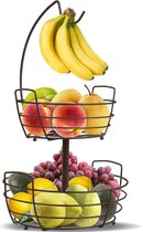 Fruitmand, 2 lagen, bananenhouder, keuken, fruitstandaard voor het werkblad, metalen fruitschalen voor groenten en fruit, brons