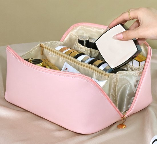 Without Lemon - Lederen Make Up tas - Cosmetica Organizer - Toilettas - Handig voor op reis - PU Leer - Elegant - Roze