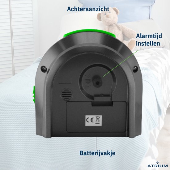 ATRIUM Kinderwecker – T-Rex Dino – Grün Schwarz – Wecker ohne Ticken – Aufbauender Piepton – Alarm & Snooze
