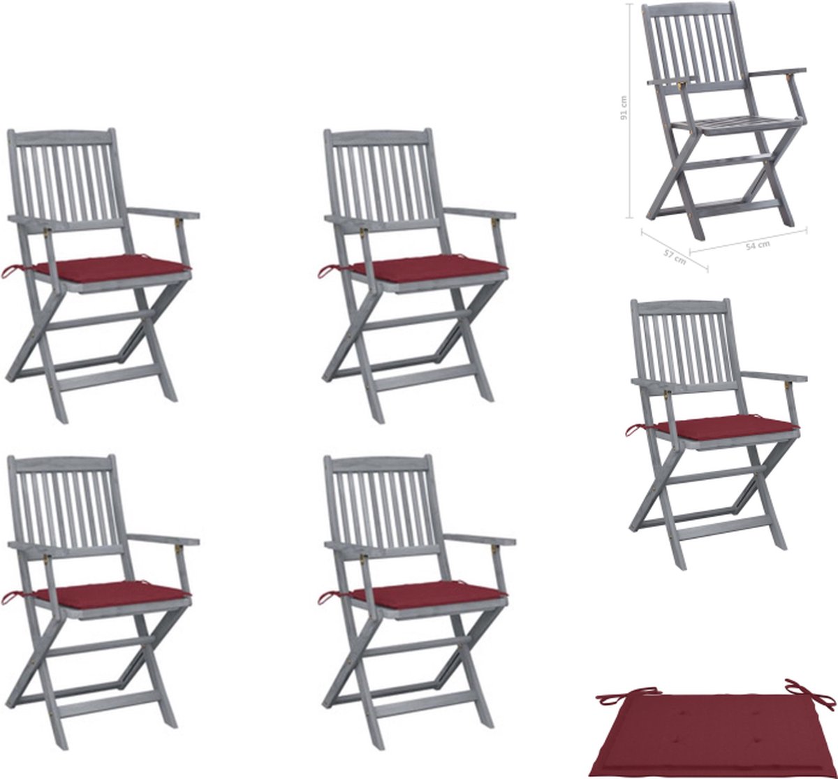 VidaXL Houten Klapstoelen Massief Acaciahout Greywash 4 stuks Met kussens Wijnrood kussen Tuinstoel