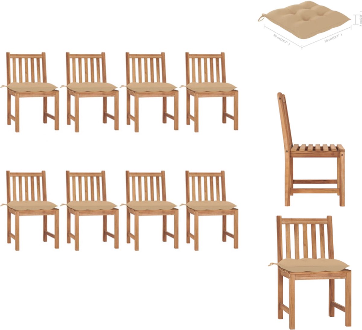 VidaXL Tuinstoelenset Robuust Teakhout Waterbestendig Beige kussen 50x53x90 cm 8 stoelen kussens Tuinstoel