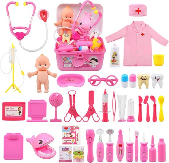 Kids Doctor Sets - 43-delige Doktersset voor Kinderen, Verpleegster Kostuum voor Artsen Verkleedpartij - Geschikt voor Meisjes en Jongens van 3, 4, 5 jaar - Medische Set met Stethoscoop Speelgoed voor Kinderen - 