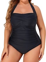 Retro Badpak Plus Size- Sexy Corrigerend Gekruiste Halter Badpak- Zwemkleding Badmode Bikini Zwempak Strandkleding 208- Zwart- Maat 5XL