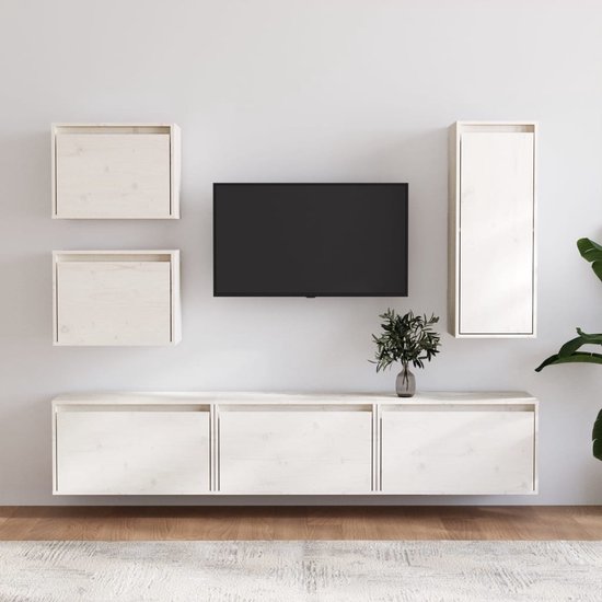 The Living Store Ensemble de meubles TV - meuble suspendu - bois de pin massif - blanc - 3x 60x30x35cm - 2x 45x30x35cm - 1x 30x30x80cm