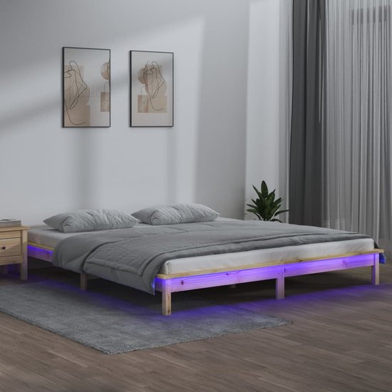The Living Store Houten Bedframe - LED-verlichting - Massief Grenenhout - 120 x 190 cm - Met RGB LED-verlichting